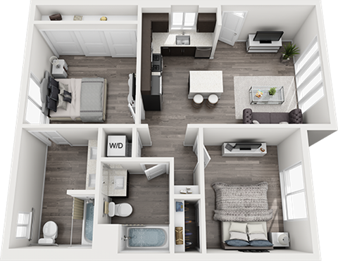 Floor plan for 2 beds, 2 baths, 850 sqft