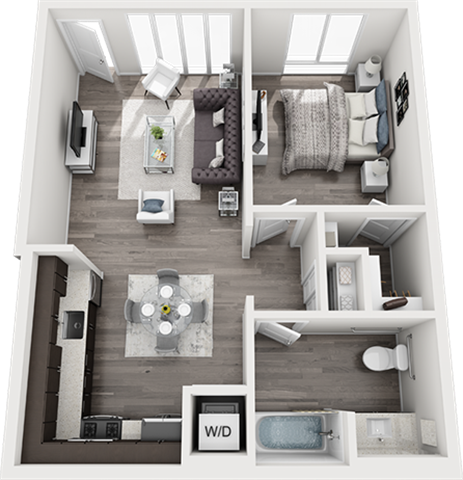 Floor plan for 1 bed, 1 bath, 650 sqft