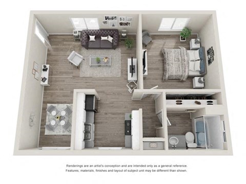 Floor plan for 1 bed, 1 bath, 610 sqft