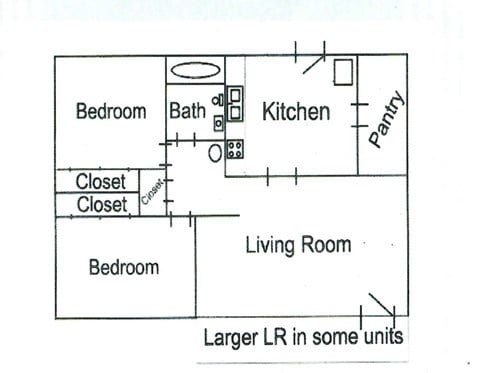 Floor plan for 2 beds, 1 bath, 625 sqft
