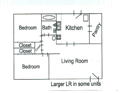 Floor plan for 2 beds, 1 bath, 650 sqft
