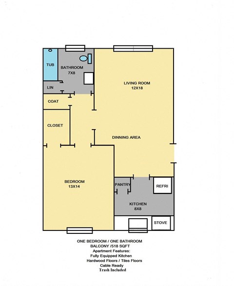 Floor plan for 1 bed, 1 bath, 518 sqft