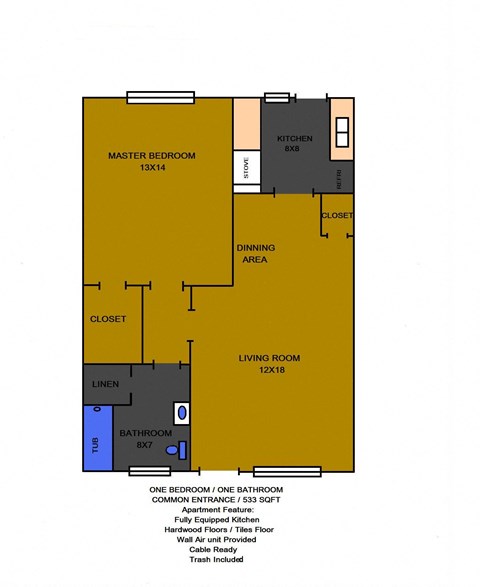 Floor plan for 1 bed, 1 bath, 533 sqft