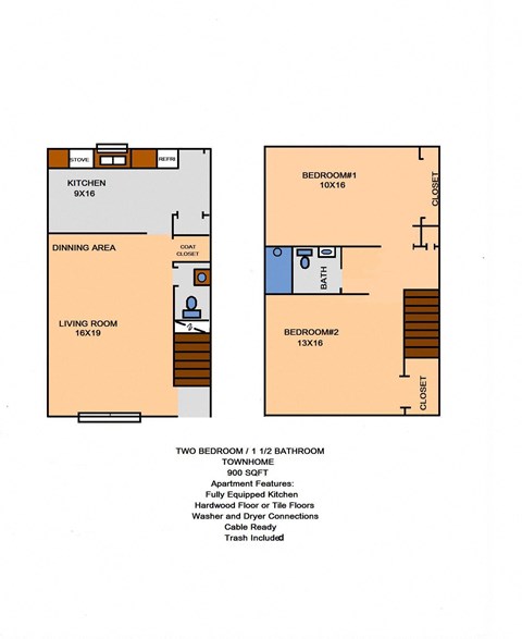 Floor plan for 2 beds, 1.5 baths, 900 sqft