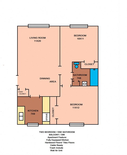 Floor plan for 2 beds, 1 bath, 596 sqft
