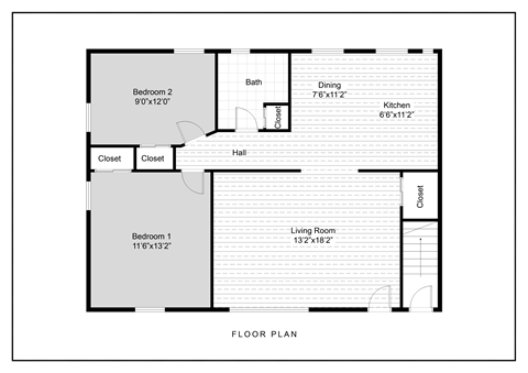 Floor plan for 2 beds, 1 bath, 830 sqft