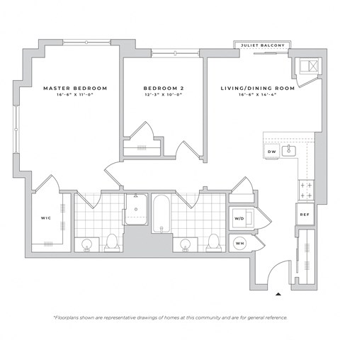 Floor plan for 2 beds, 2 baths, 1021 sqft