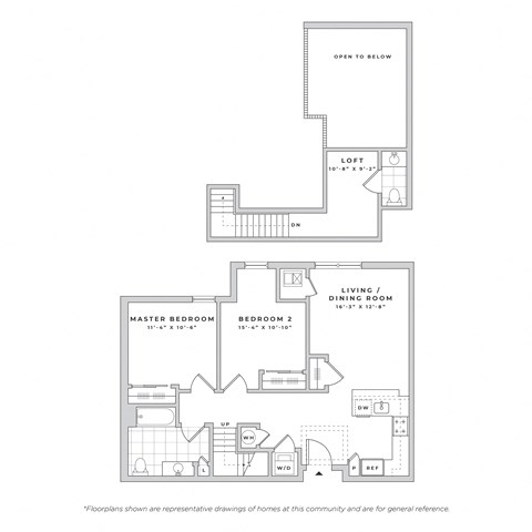 Floor plan for 2 beds, 1.5 baths, 1056 sqft
