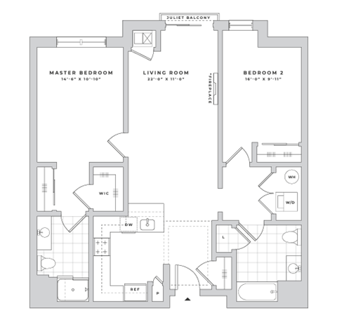 Floor plan for 2 beds, 2 baths, 1086 sqft