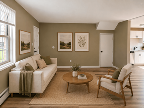 Madison apartment for rent - A living room with a couch, chair, and pictures on the wall.