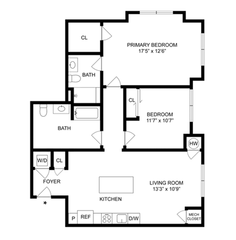 Floor plan for 2 beds, 2 baths, 1045 sqft