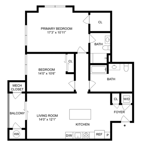 Floor plan for 2 beds, 2 baths, 1085 sqft
