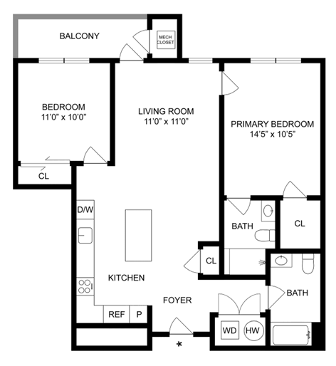 Floor plan for 2 beds, 2 baths, 1092 sqft