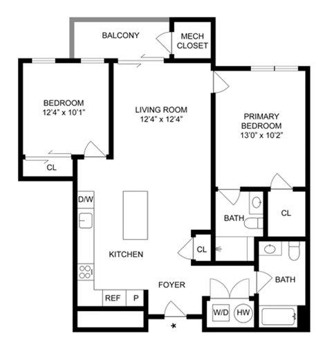 Floor plan for 2 beds, 2 baths, 1103 sqft