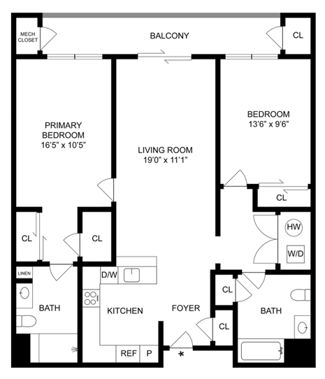 Floor plan for 2 beds, 2 baths, 1145 sqft