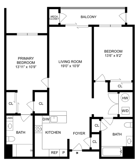 Floor plan for 2 beds, 2 baths, 1125 sqft