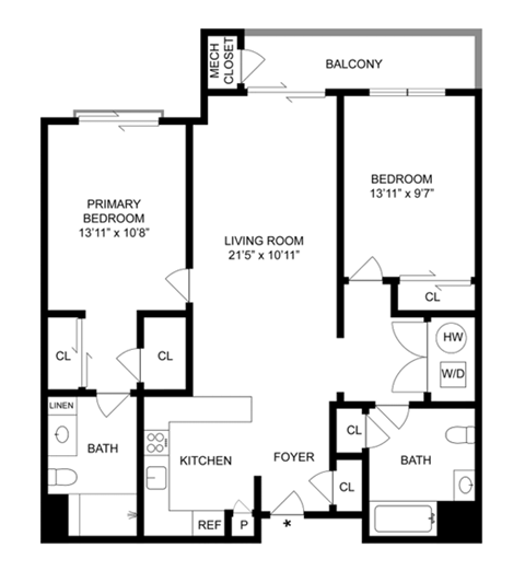 Floor plan for 2 beds, 2 baths, 1103 sqft