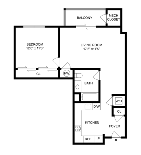 Floor plan for 1 bed, 1 bath, 775 sqft