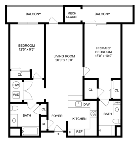 Floor plan for 2 beds, 2 baths, 1131 sqft