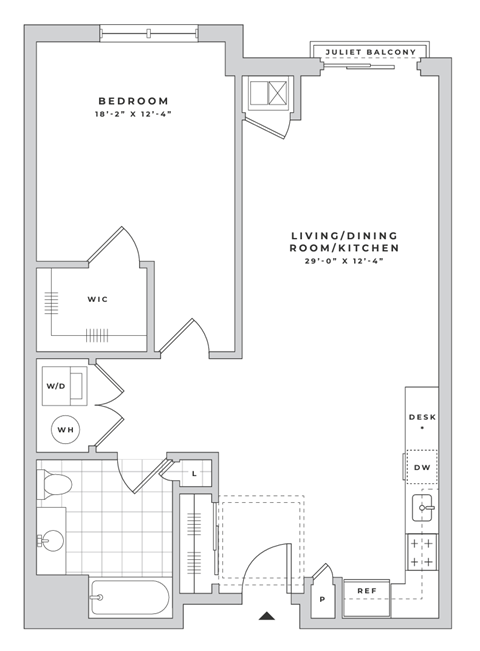 Floor plan for 1 bed, 1 bath, 897 sqft
