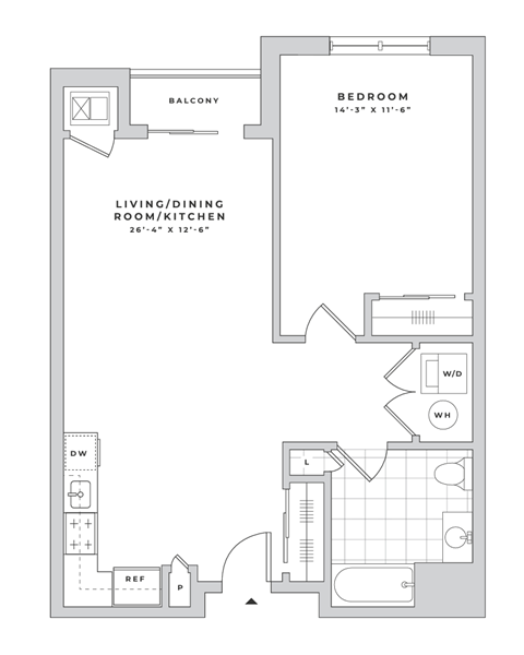 Floor plan for 1 bed, 1 bath, 808 sqft