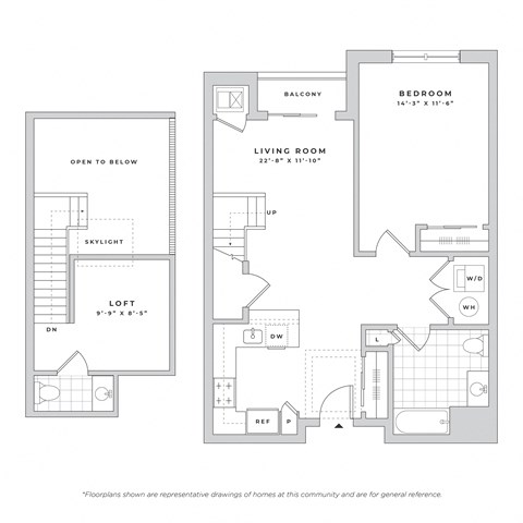 Floor plan for 1 bed, 1.5 baths, 1011 sqft