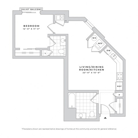 Floor plan for 1 bed, 1.5 baths, 740 sqft