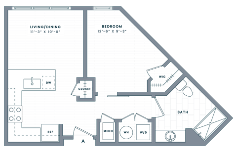 Floor plan for 1 bed, 1 bath, 570 sqft