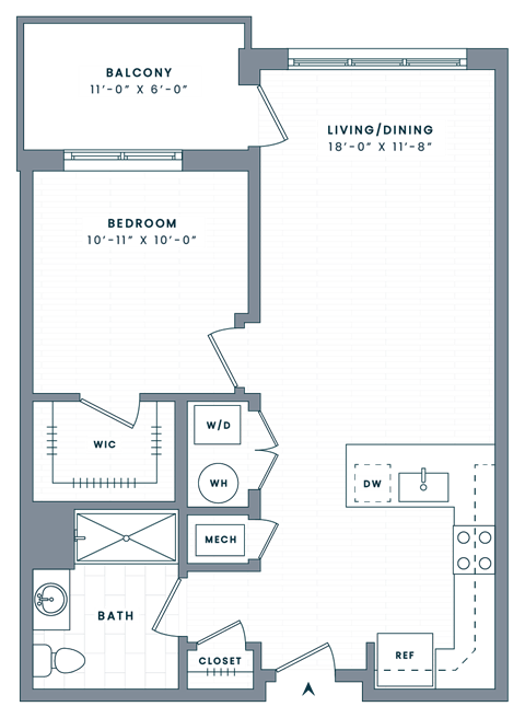 Floor plan for 1 bed, 1 bath, 713 sqft