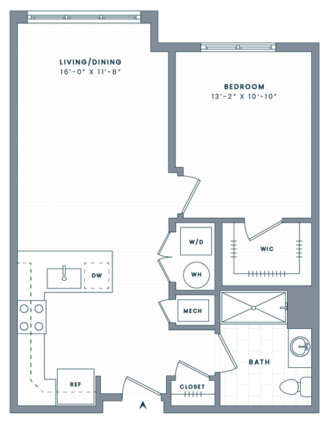 Floor plan for 1 bed, 1 bath, 728 sqft