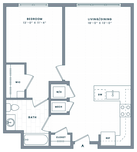 Floor plan for 1 bed, 1 bath, 771 sqft
