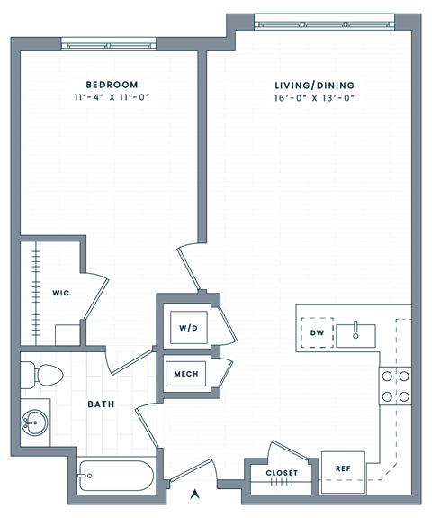 Floor plan for 1 bed, 1 bath, 774 sqft