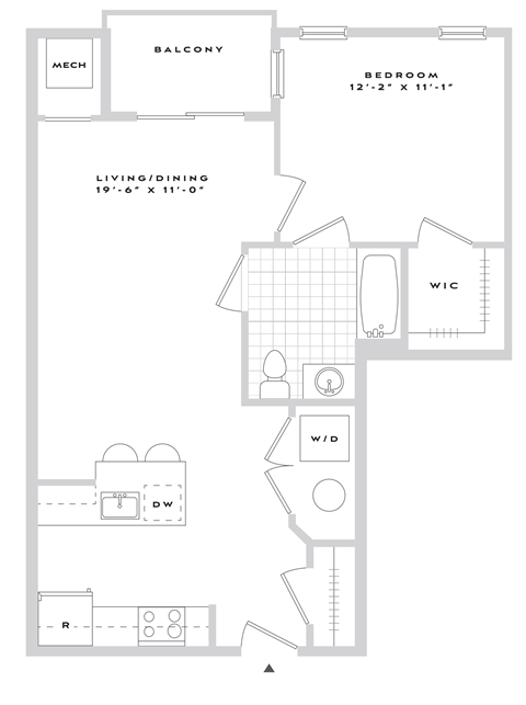 Floor plan for 1 bed, 1 bath, 716 sqft