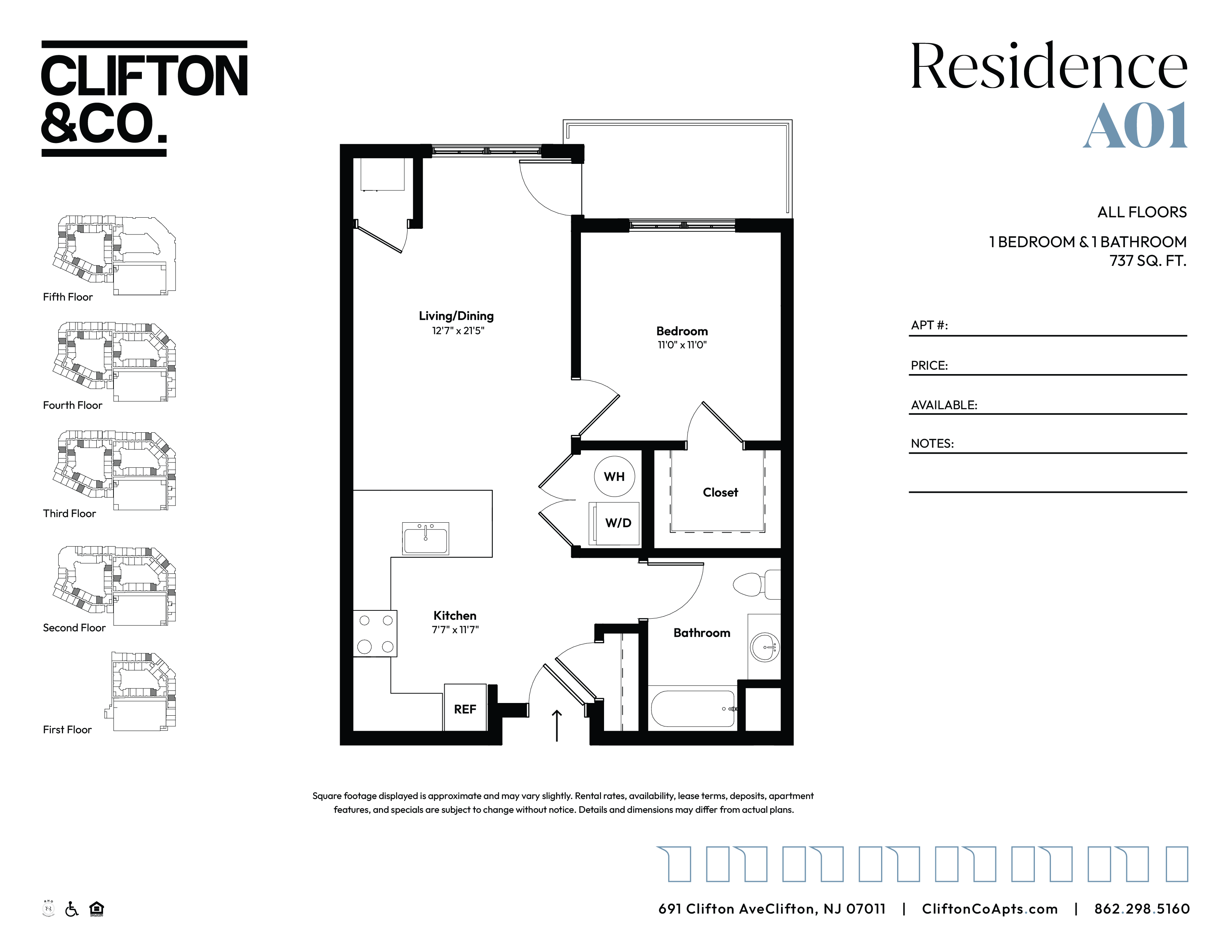 Floor plan for 1 bed, 1 bath, 737 sqft