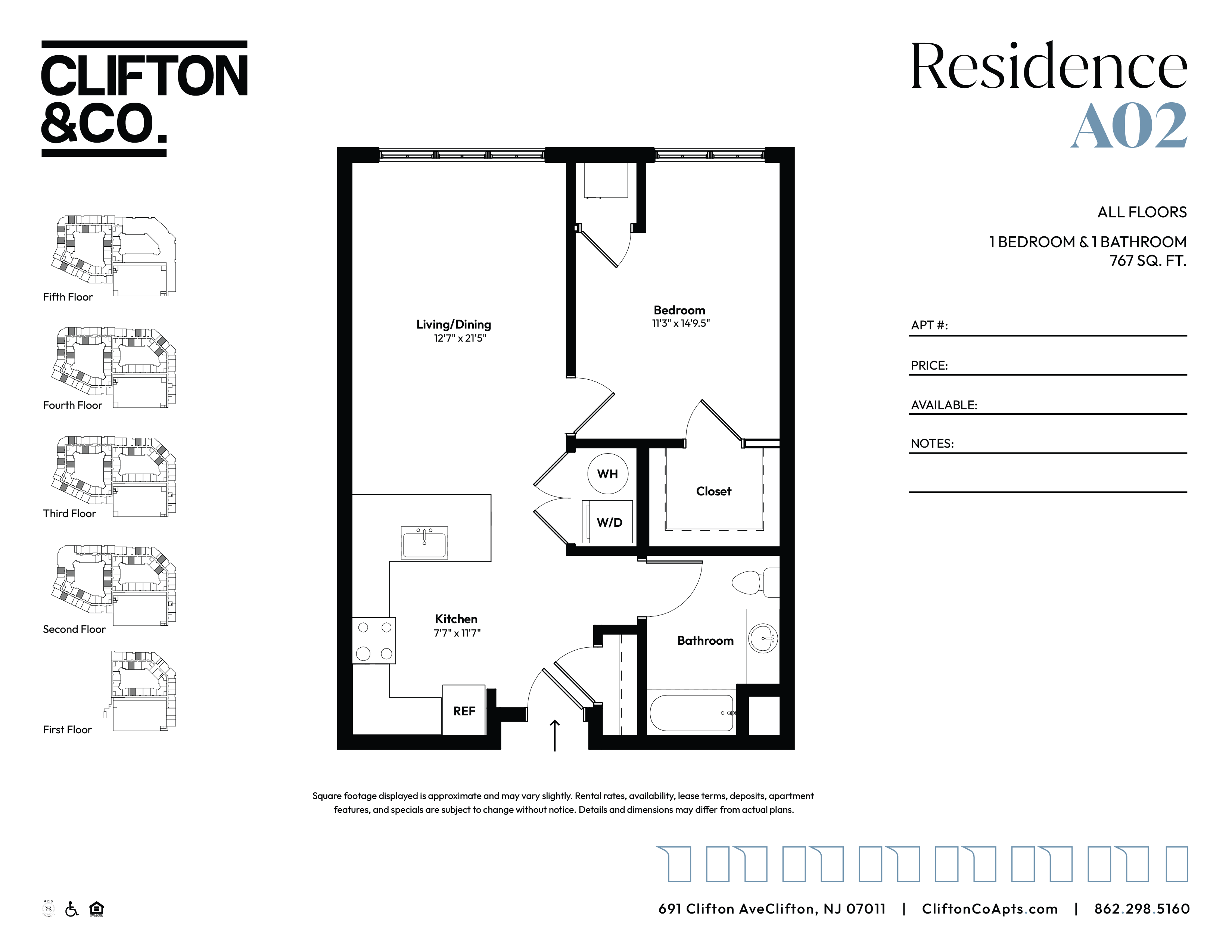Floor plan for 1 bed, 1 bath, 767 sqft