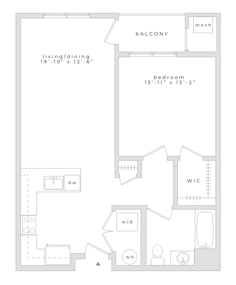 Floor plan for 1 bed, 1 bath, 750 sqft