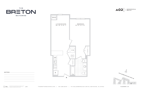 Floor plan for 1 bed, 1 bath, 729 sqft