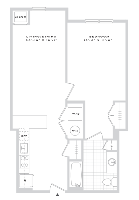 Floor plan for 1 bed, 1 bath, 729 sqft