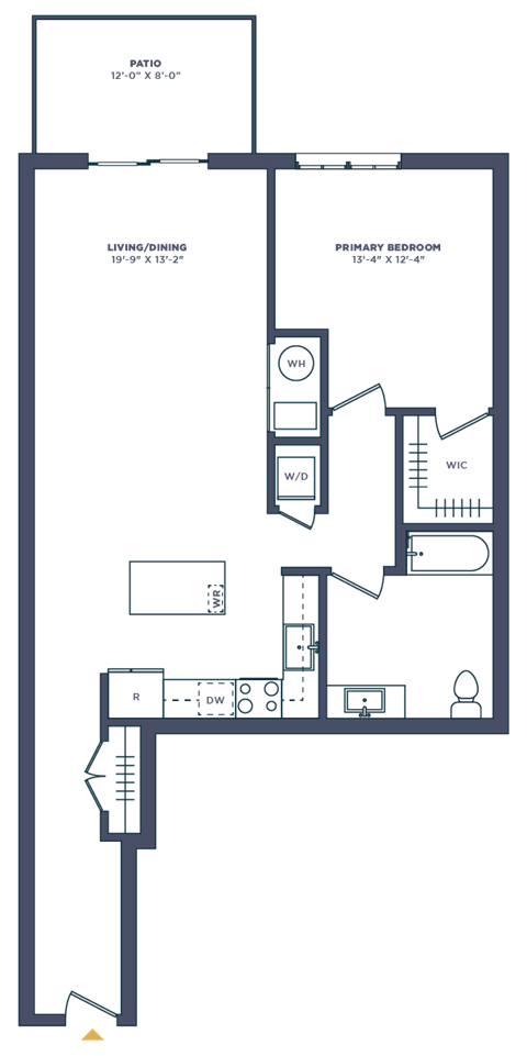 Floor plan for 1 bed, 1 bath, 972 sqft
