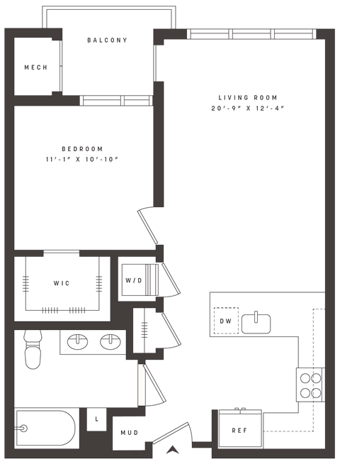 Floor plan for 1 bed, 1 bath, 748 sqft