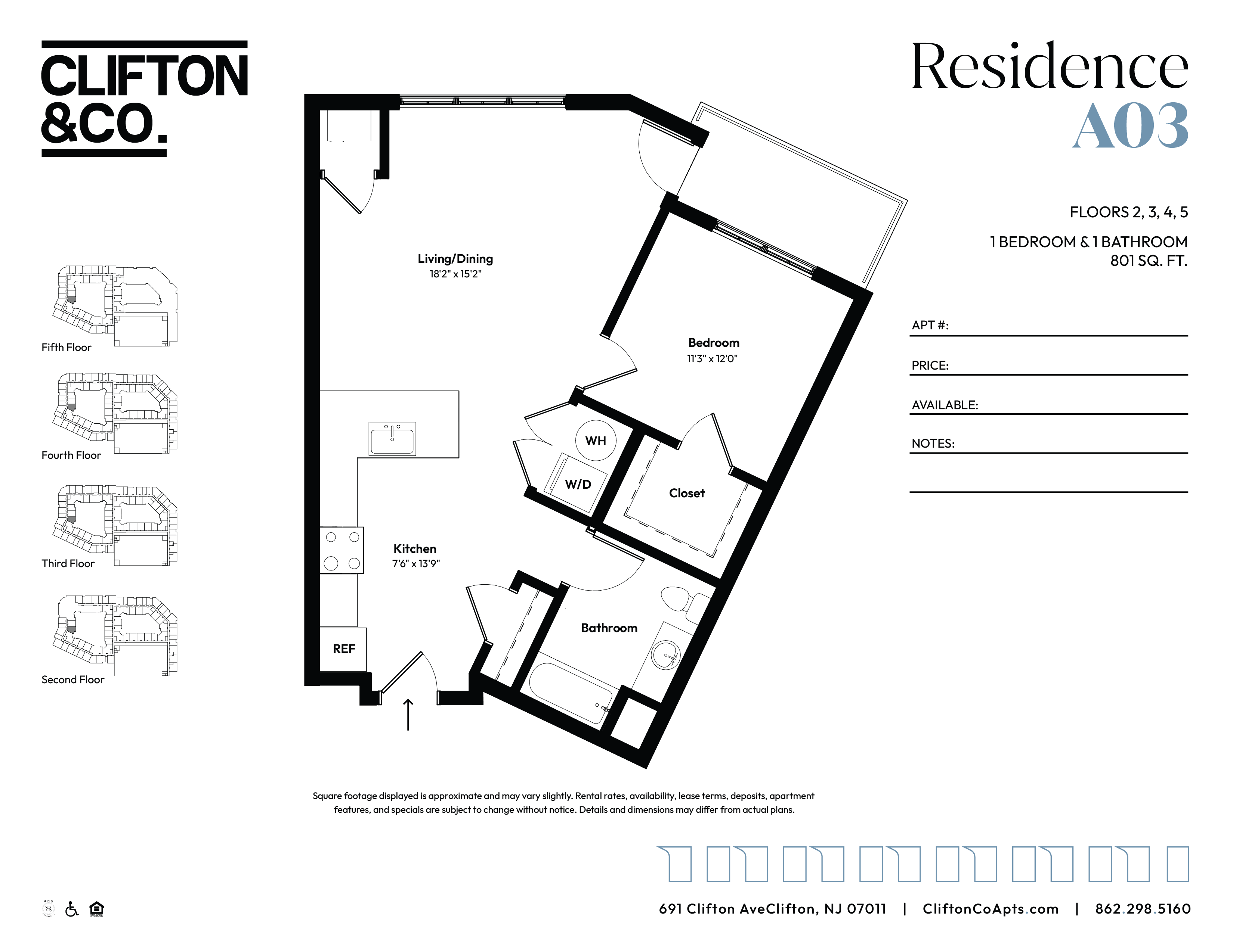 Floor plan for 1 bed, 1 bath, 801 sqft