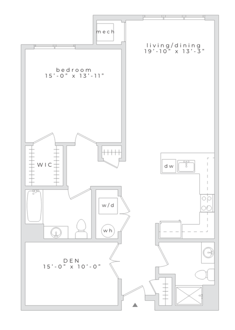 Floor plan for 1 bed, 1 bath, 1096 sqft