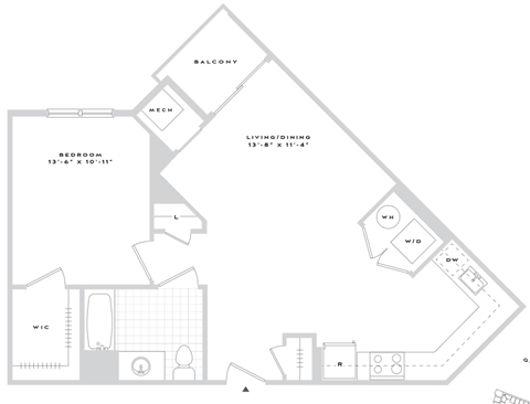 Floor plan for 1 bed, 1 bath, 743 sqft