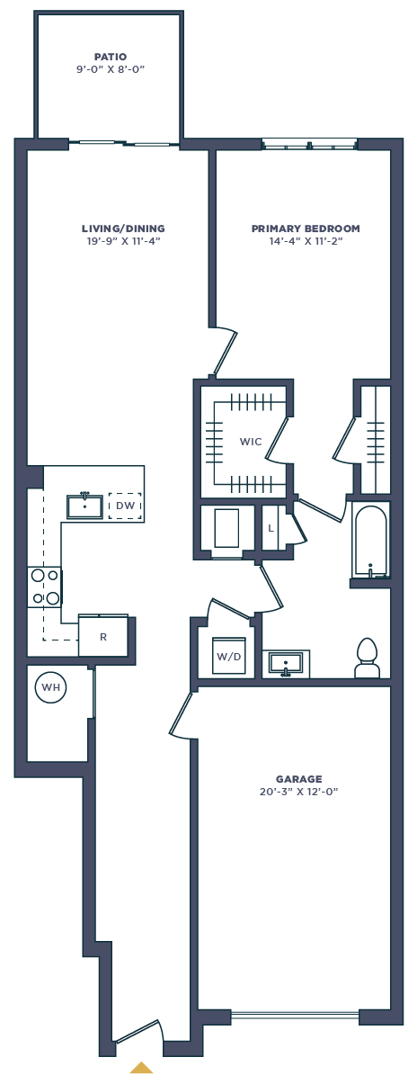 Floor plan for 1 bed, 1 bath, 980 sqft