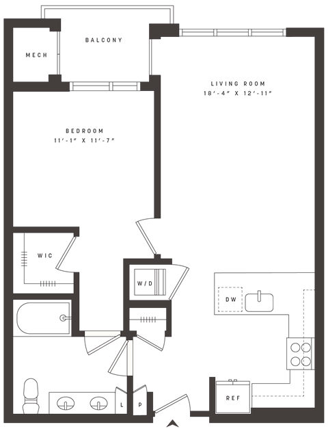 Floor plan for 1 bed, 1 bath, 808 sqft