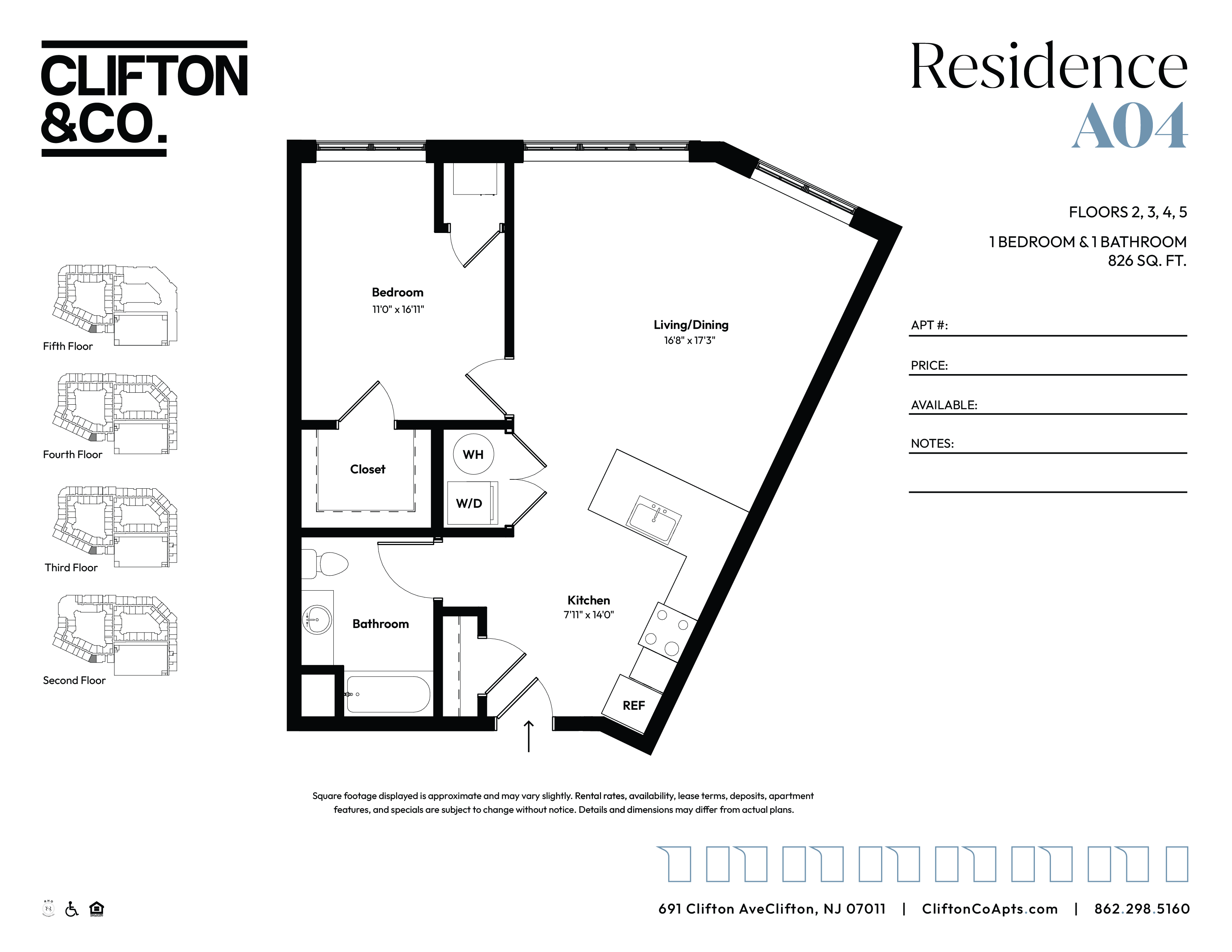 Floor plan for 1 bed, 1 bath, 826 sqft
