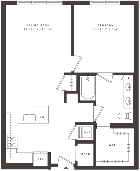 Floor plan for 1 bed, 1 bath, 843 sqft