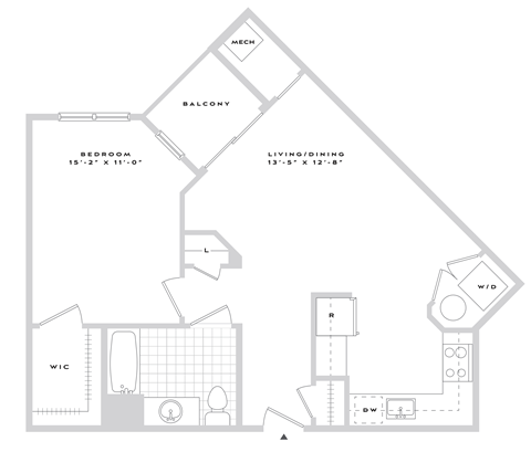 Floor plan for 1 bed, 1 bath, 777 sqft