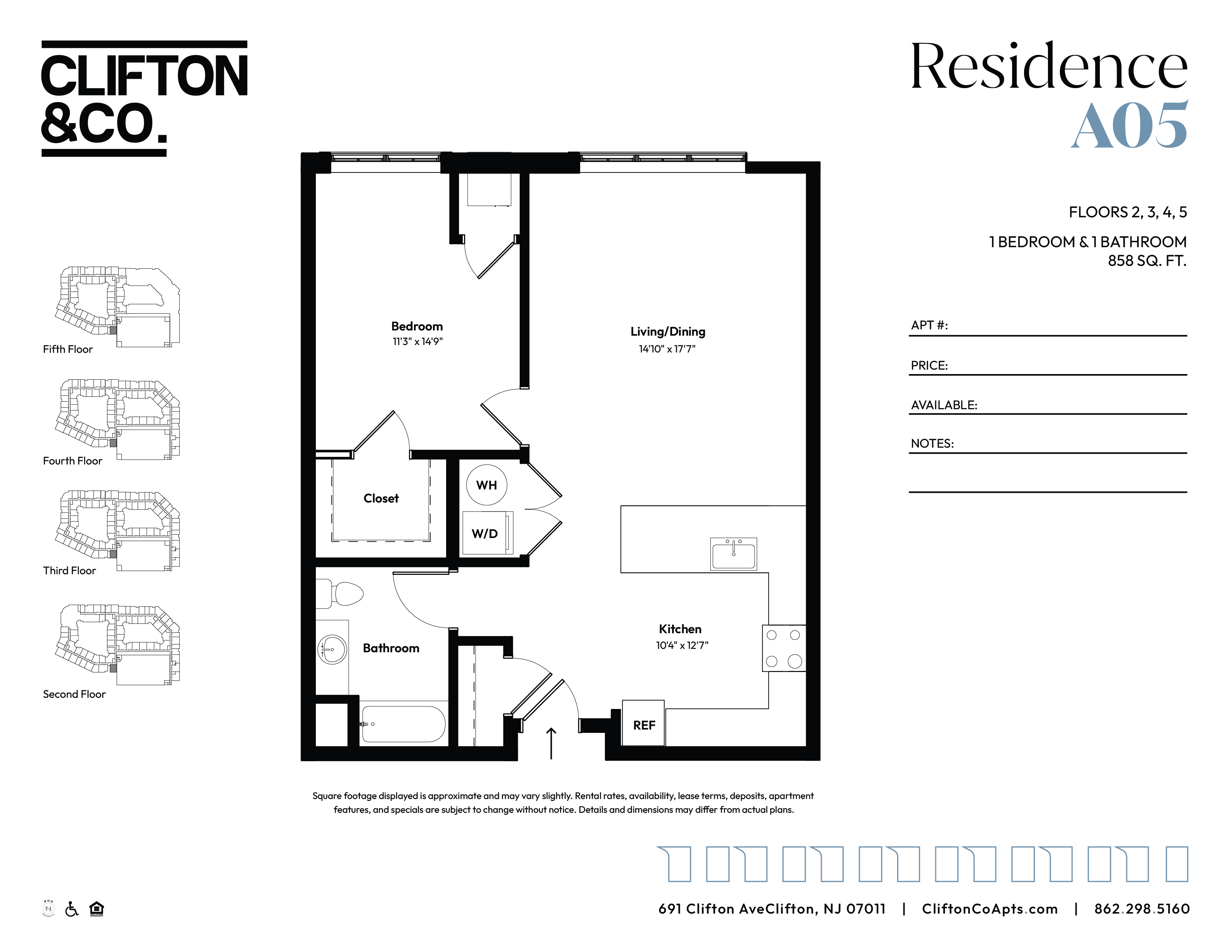 Floor plan for 1 bed, 1 bath, 858 sqft