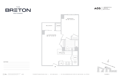 Floor plan for 1 bed, 1 bath, 746 sqft